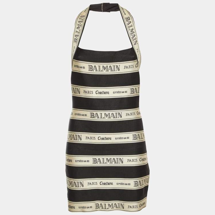 Pre Owned Balmain Black Striped Logo Jacquard Halterneck Mini Dress M