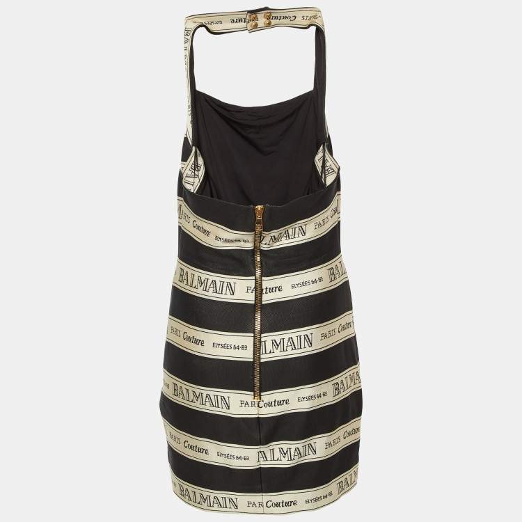 Pre Owned Balmain Black Striped Logo Jacquard Halterneck Mini Dress M