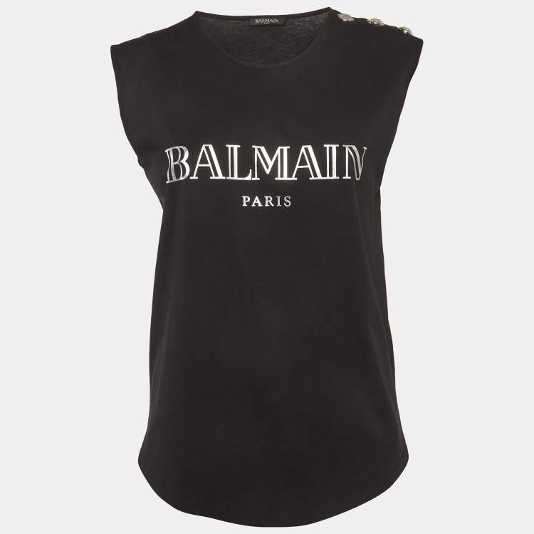 Pre Owned Balmain Black Logo Print Jersey Tank Top M