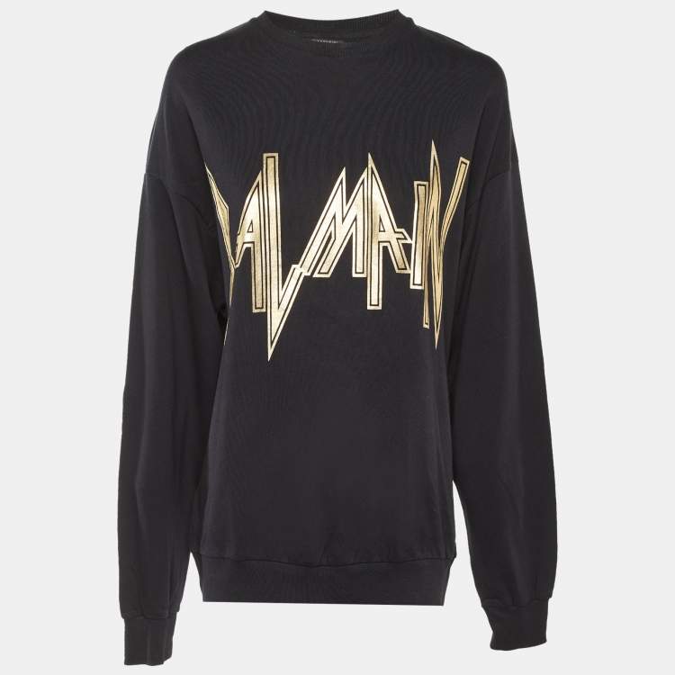 Pre Owned Balmain Black Logo Print Cotton Crew Neck Sweatshirt M