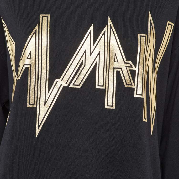 Pre Owned Balmain Black Logo Print Cotton Crew Neck Sweatshirt M