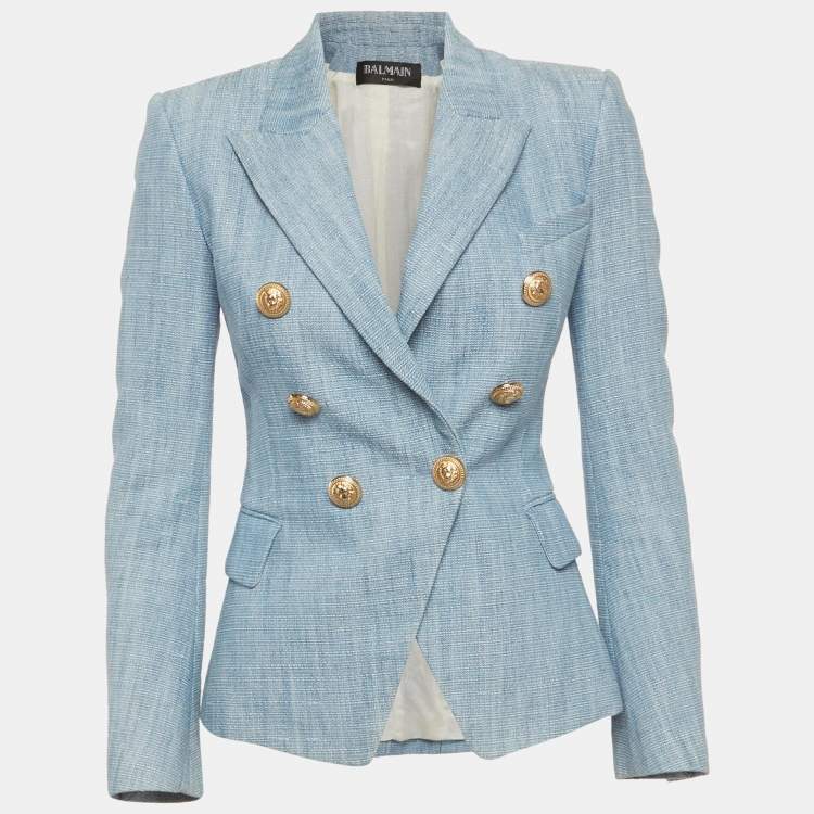 مملوكة مسبقًا Balmain Blue Tweed Double Breasted Blazer S