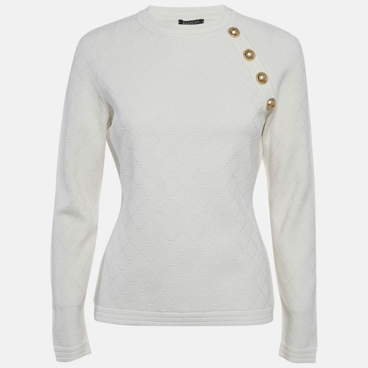 Pre Owned Balmain White Textured Knit Pullover L