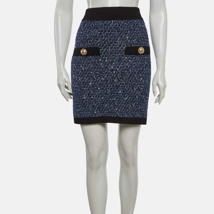 Pre Owned Balmain Blue Lurex Tweed Mini Skirt L
