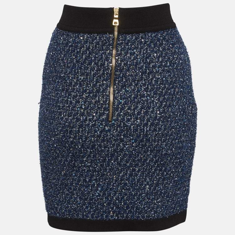 Pre Owned Balmain Blue Lurex Tweed Mini Skirt L