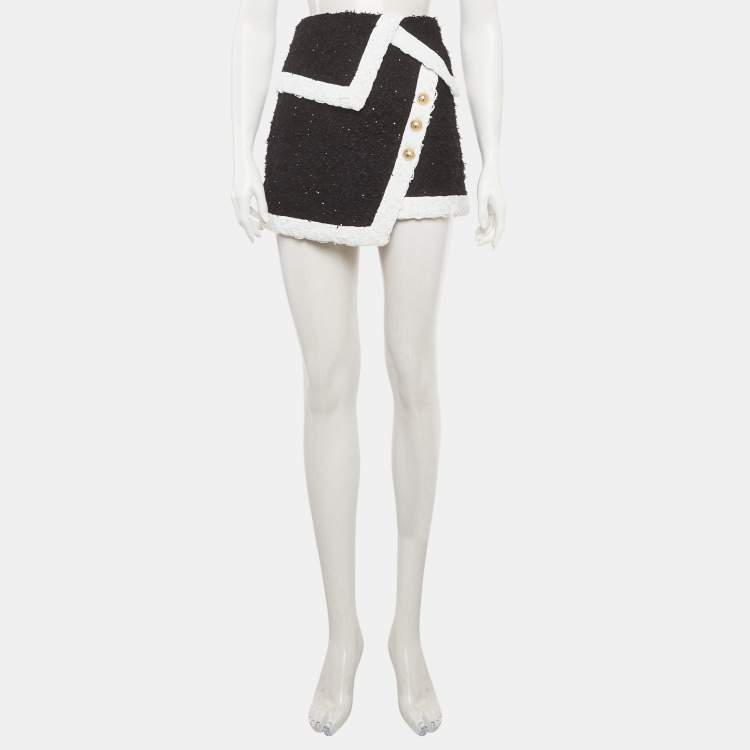 Pre Owned Balmain Black Tweed Asymmetric Mini Skirt L