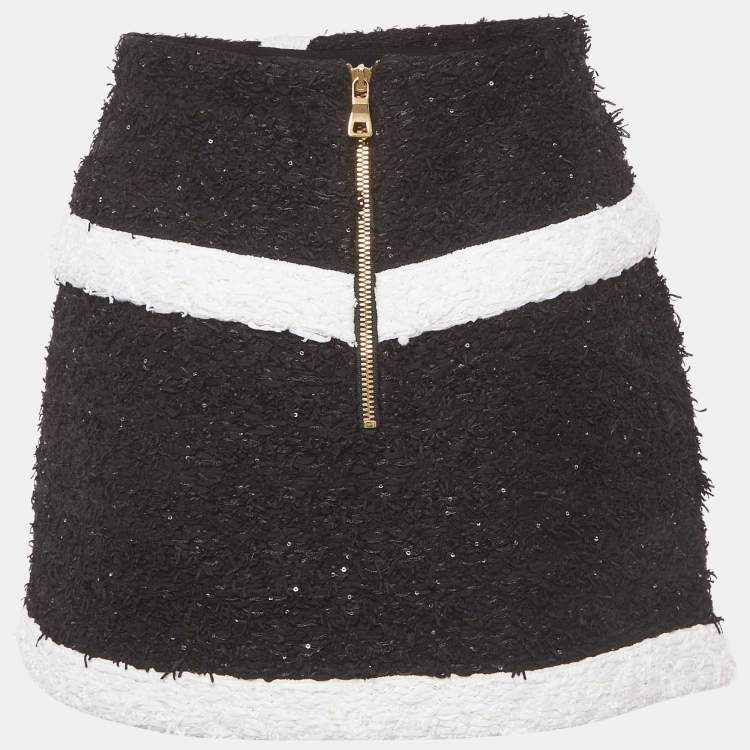 Pre Owned Balmain Black Tweed Asymmetric Mini Skirt L