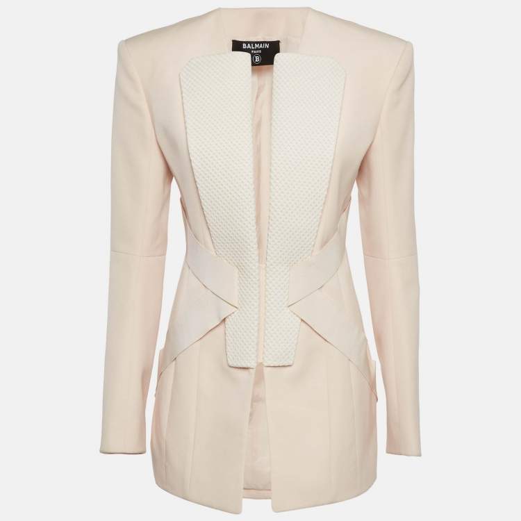 Pre Owned Balmain Pastel Pink Wool Pique-Paneled Grain De Poudre Blazer M