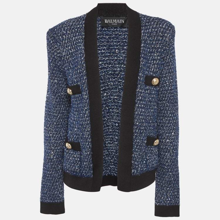 مملوكة مسبقًا Balmain Blue Tweed Open Front Cardigan L