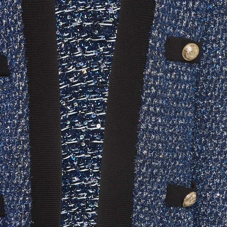مملوكة مسبقًا Balmain Blue Tweed Open Front Cardigan L