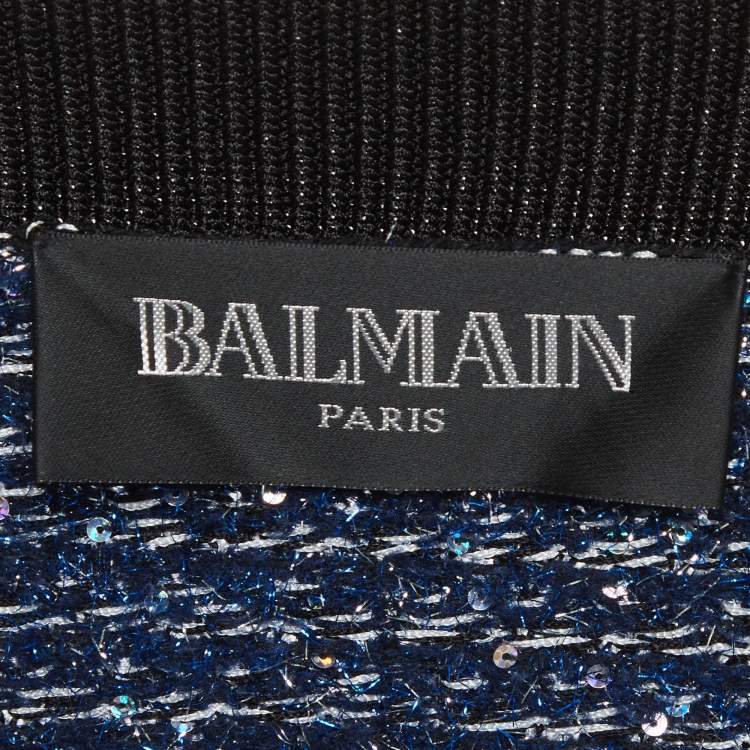 مملوكة مسبقًا Balmain Blue Tweed Open Front Cardigan L