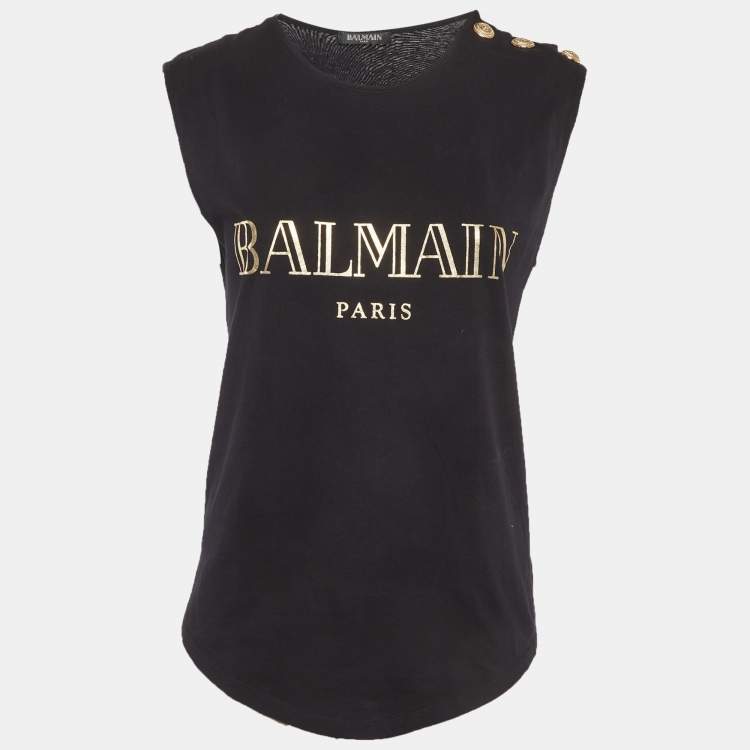 Pre Owned Balmain Black Logo Print Jersey Tank Top M