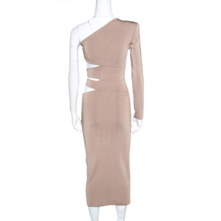 Pre Owned Balmain Beige Knit One Shoulder Cutout Fitted Dress M