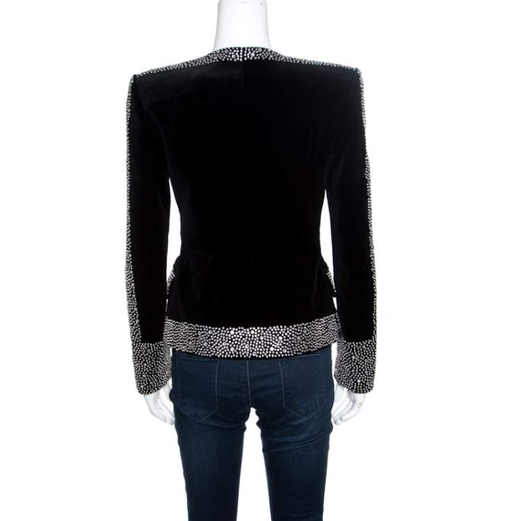 Pre Owned Balmain Black Crystal Embellished Velvet Tailored Power Shoulder Blazer M