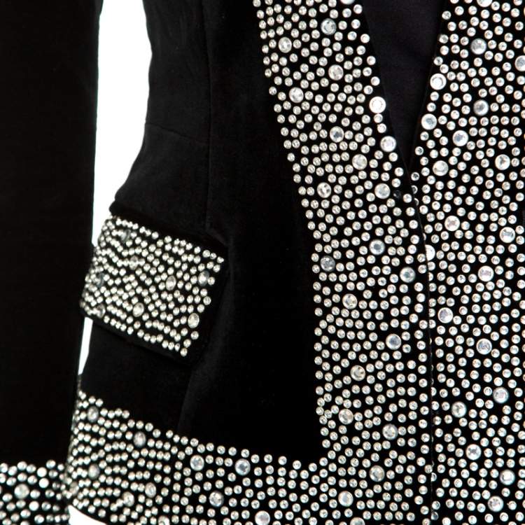 Pre Owned Balmain Black Crystal Embellished Velvet Tailored Power Shoulder Blazer M