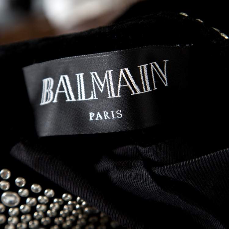 Pre Owned Balmain Black Crystal Embellished Velvet Tailored Power Shoulder Blazer M