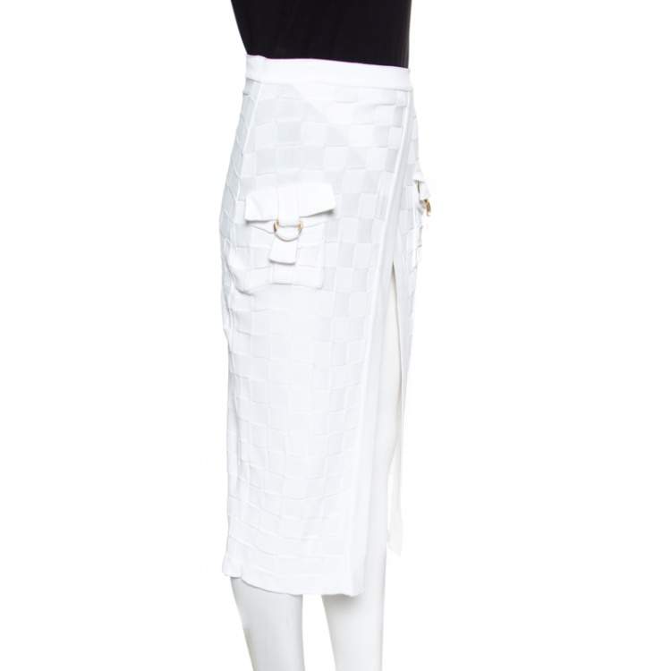 Pre Owned Balmain White Checkered Knit Patch Pocket Detail Faux Wrap Skirt S