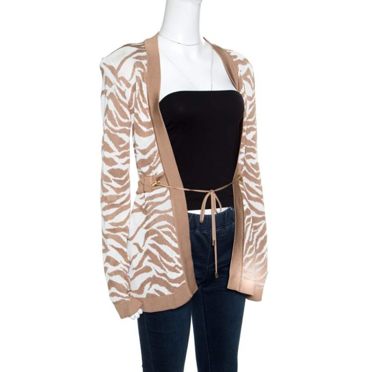 Pre Owned Balmain Brown and White Zebra Pattern Jacquard Knit Drawstring Detail Jacket S