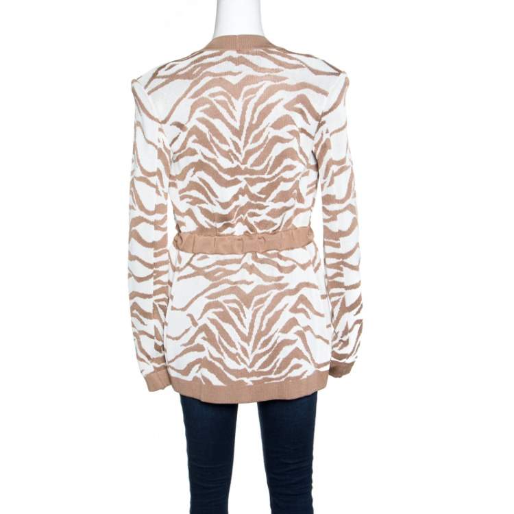 Pre Owned Balmain Brown and White Zebra Pattern Jacquard Knit Drawstring Detail Jacket S