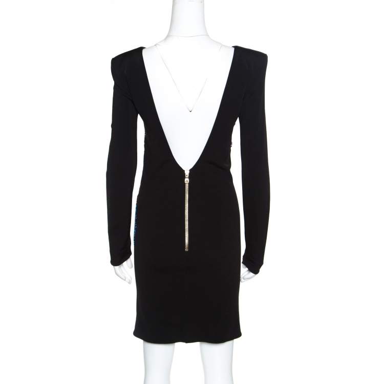 Pre Owned Balmain Black Floral Embellished Plunge Back Neck Power Shoulder Dress M