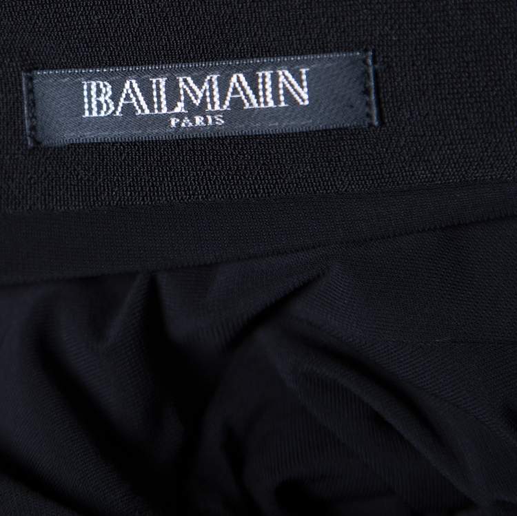 Pre Owned Balmain Black Floral Embellished Plunge Back Neck Power Shoulder Dress M