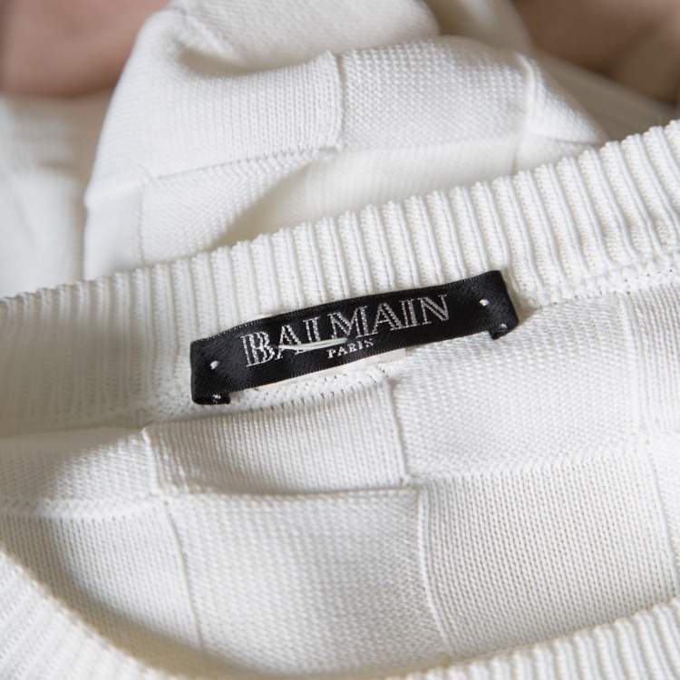 Pre Owned Balmain White Checkered Knit Crew Neck Sweater S