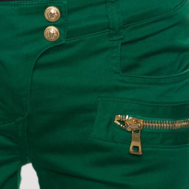 Pre Owned Balmain Green Denim Ribbed Panel Zip Detail Skinny Biker Jeans S