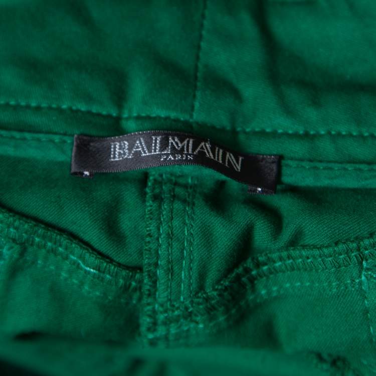 Pre Owned Balmain Green Denim Ribbed Panel Zip Detail Skinny Biker Jeans S