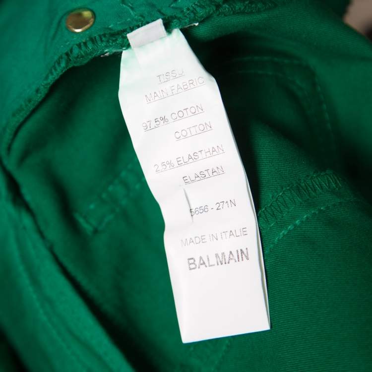 Pre Owned Balmain Green Denim Ribbed Panel Zip Detail Skinny Biker Jeans S