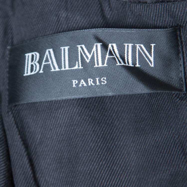 Pre Owned Balmain Black Basket Weave Satin Lapel Detail Coat Dress S