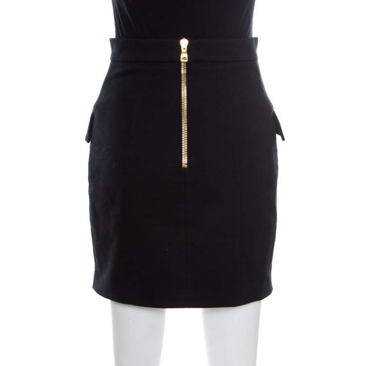 Pre Owned Balmain Black Textured Cotton Gold Button Detail High Waist Mini Skirt S