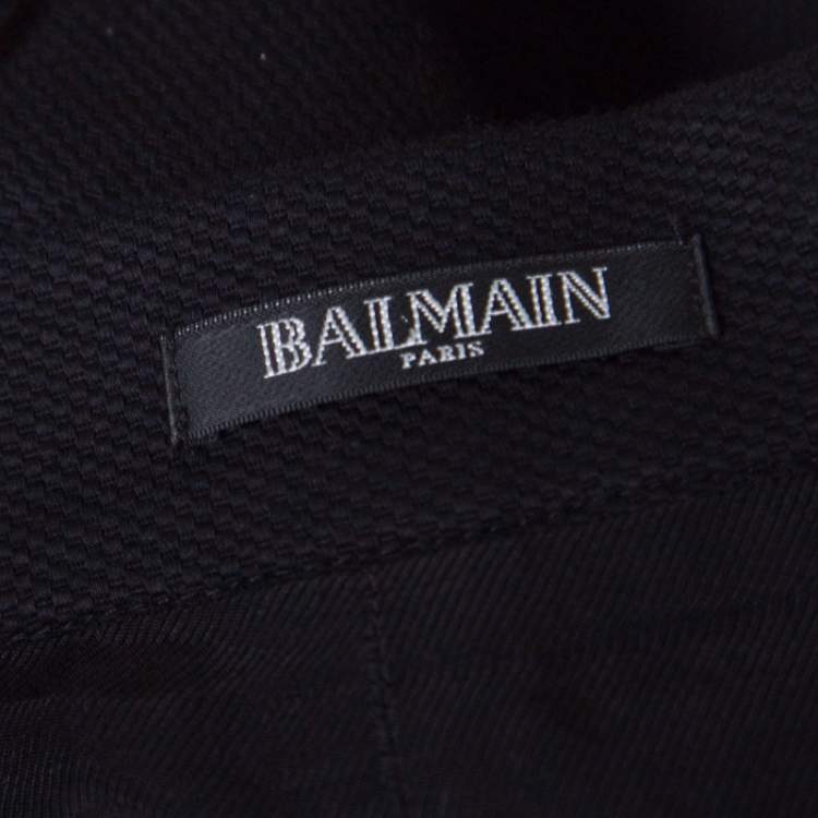 Pre Owned Balmain Black Textured Cotton Gold Button Detail High Waist Mini Skirt S