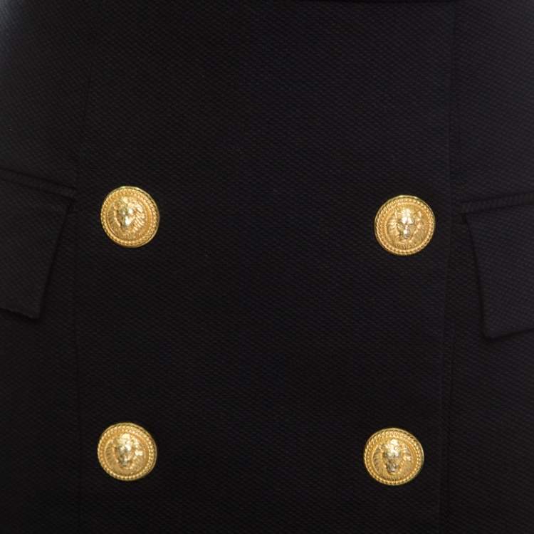 Pre Owned Balmain Black Textured Cotton Gold Button Detail High Waist Mini Skirt S
