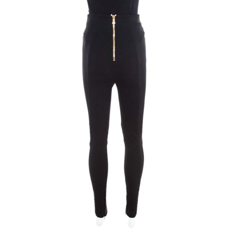 Pre Owned Balmain Black Knit Logo Button Detail High Waist Trousers M