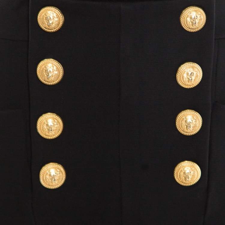Pre Owned Balmain Black Knit Logo Button Detail High Waist Trousers M