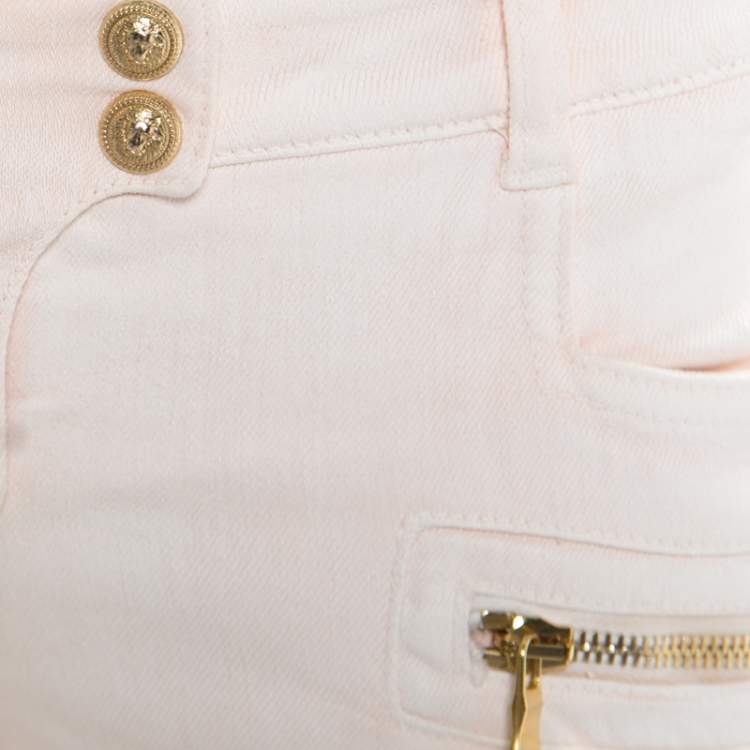 Pre Owned Balmain Pink Coated Ribbed Panel Zip Detail Skinny Biker Jeans S