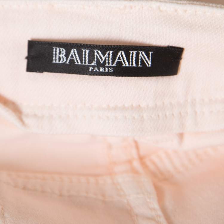 Pre Owned Balmain Pink Coated Ribbed Panel Zip Detail Skinny Biker Jeans S