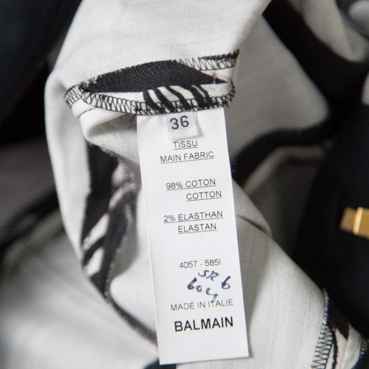 Pre Owned Balmain Monochrome Marble Printed Logo Button Detail Mini Skirt S