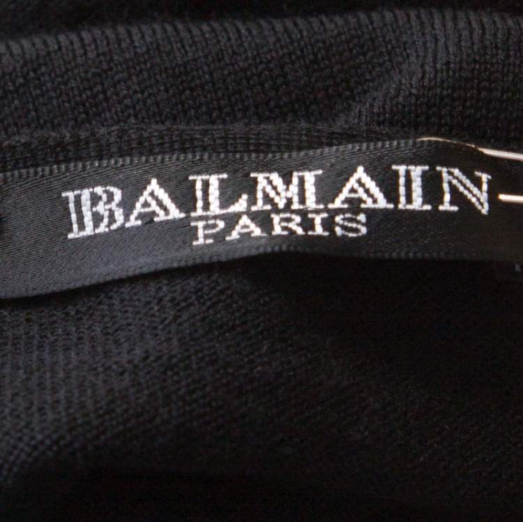 Pre Owned Balmain Black Knit Wool Chainmail Paneled Faux Wrap Mini Dress M
