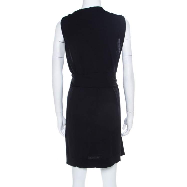 Pre Owned Balmain Black Knit Wool Chainmail Paneled Faux Wrap Mini Dress M