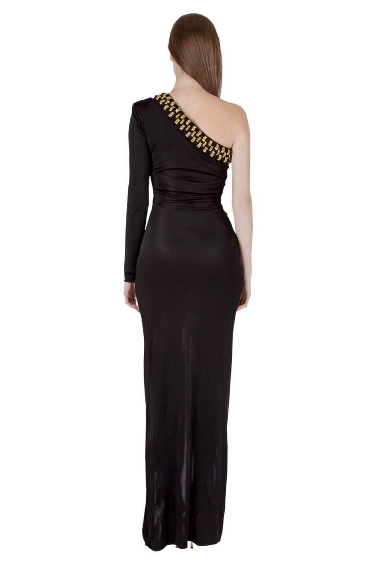 Pre Owned Balmain Black Stretch Knit Crystal Embellished Draped One Shoulder Evening Gown S