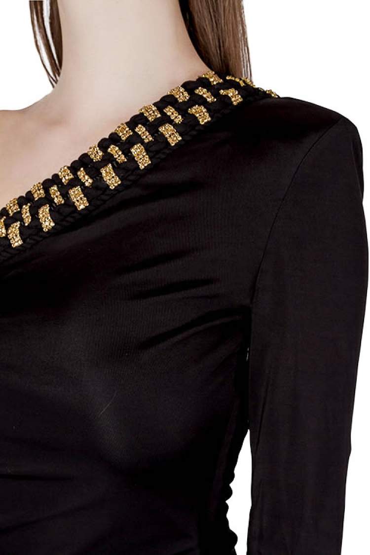 Pre Owned Balmain Black Stretch Knit Crystal Embellished Draped One Shoulder Evening Gown S