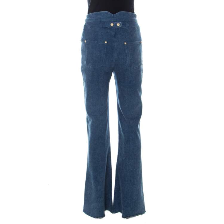 Pre Owned Balmain Blue Denim Medium Wash Gold Button Detail High Waist Flared Jeans S