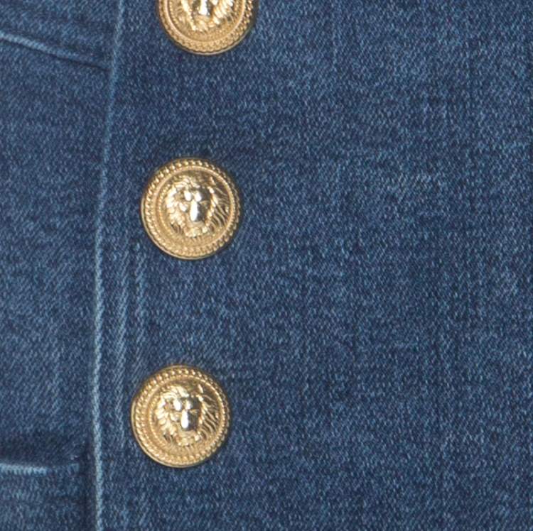 Pre Owned Balmain Blue Denim Medium Wash Gold Button Detail High Waist Flared Jeans S