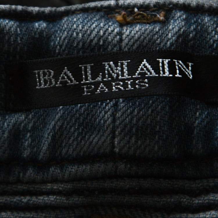 Pre Owned Balmain Grey Washed Denim Pintucked Panel Zip Detail Skinny Jeans S