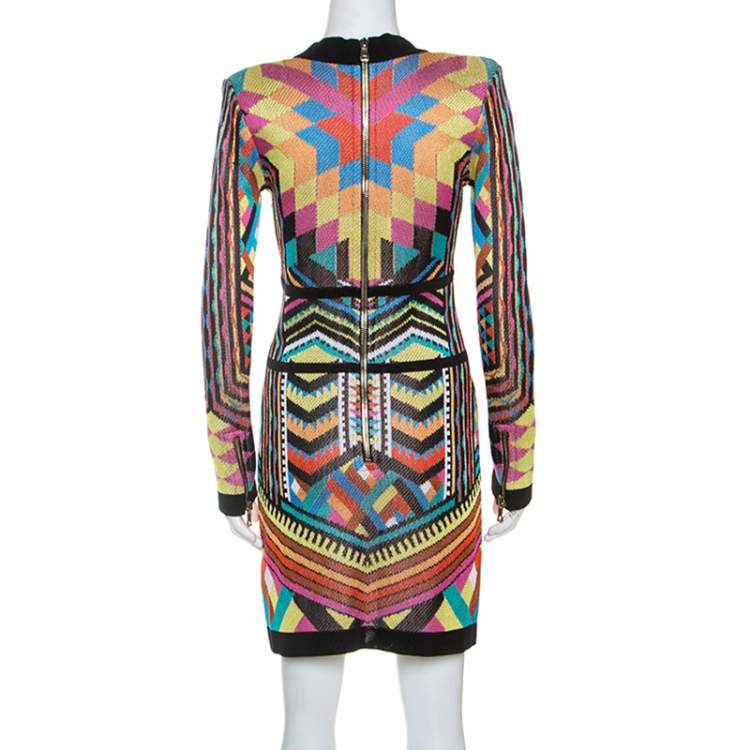 Pre Owned Balmain Multicolor Patterned Knit V-Neck Short Dress M