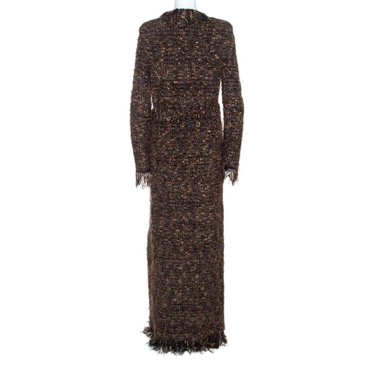 Pre Owned Balmain Brown Metallic Bouclé-Knit Fringed Cardigan M