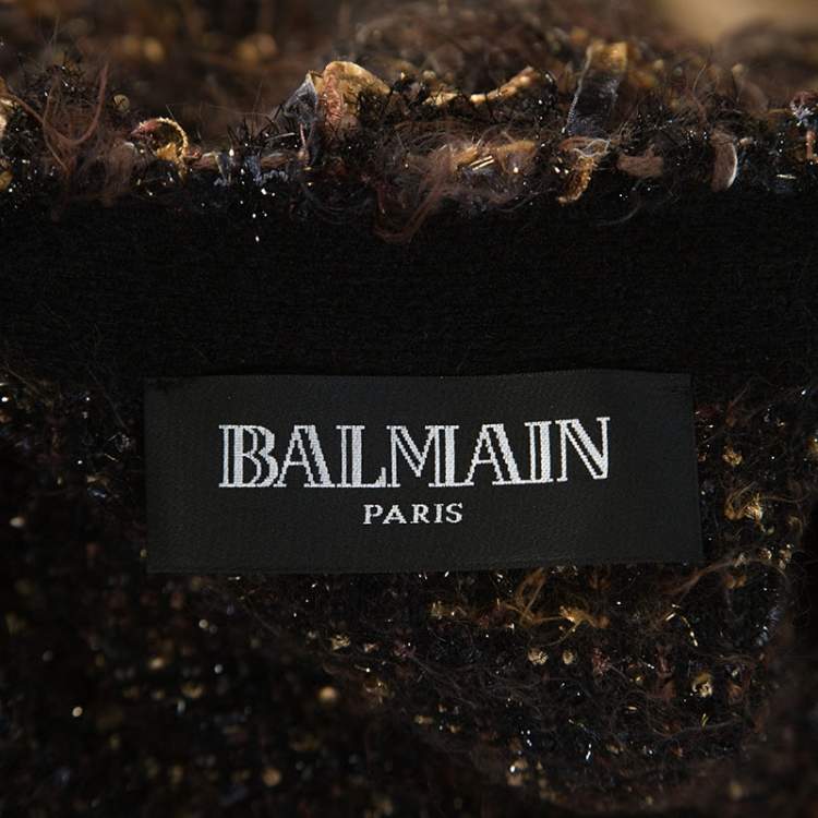 Pre Owned Balmain Brown Metallic Bouclé-Knit Fringed Cardigan M