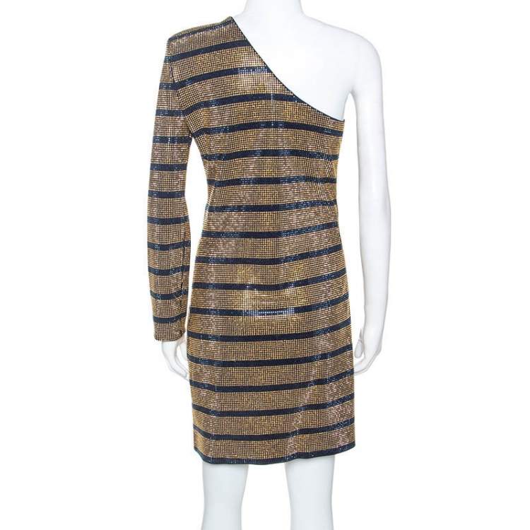 Pre Owned Balmain Gold Crystal Embellished Striped One Shoulder Mini Dress L