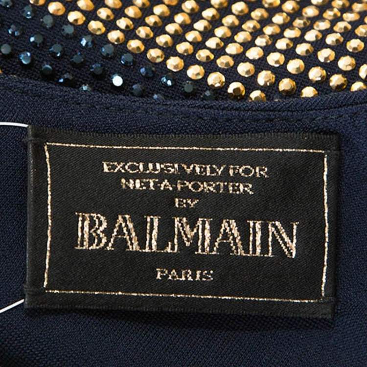 Pre Owned Balmain Gold Crystal Embellished Striped One Shoulder Mini Dress L